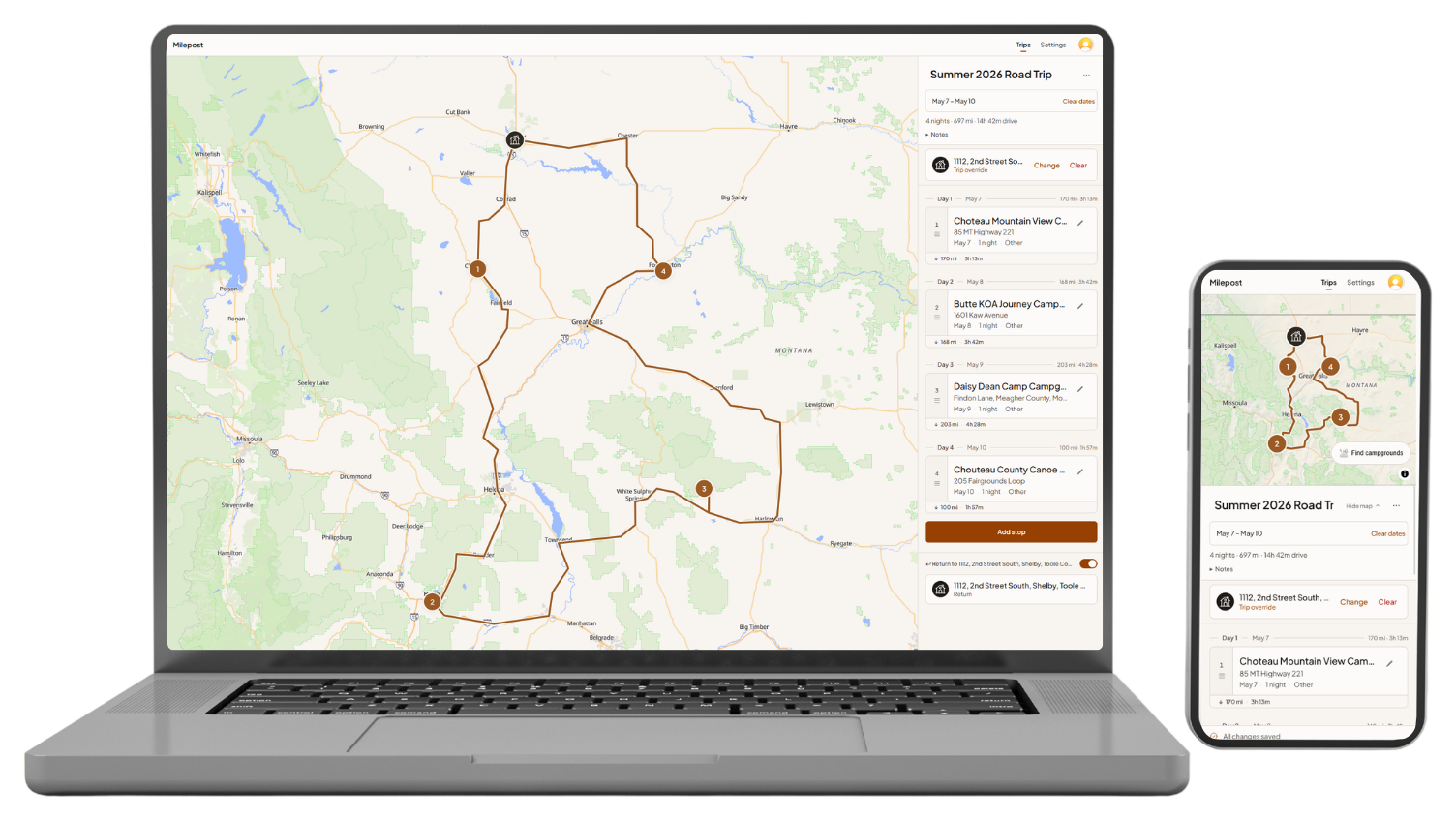 The Milepost trip editor showing map and stop list side by side, with reservation details a tap away